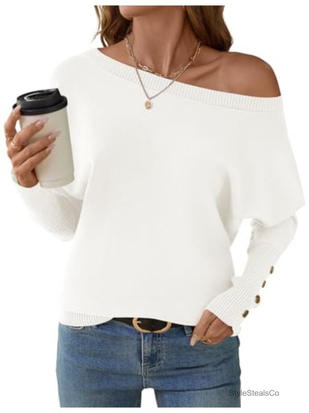 Off Shoulder Oversized Knit Pullover Sweater Batwing Sleeve Fall